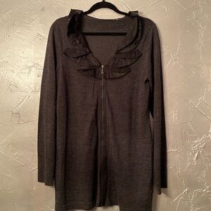 TAHARI Charcoal Sweater with satin ruffle trim collar and zipper front size L